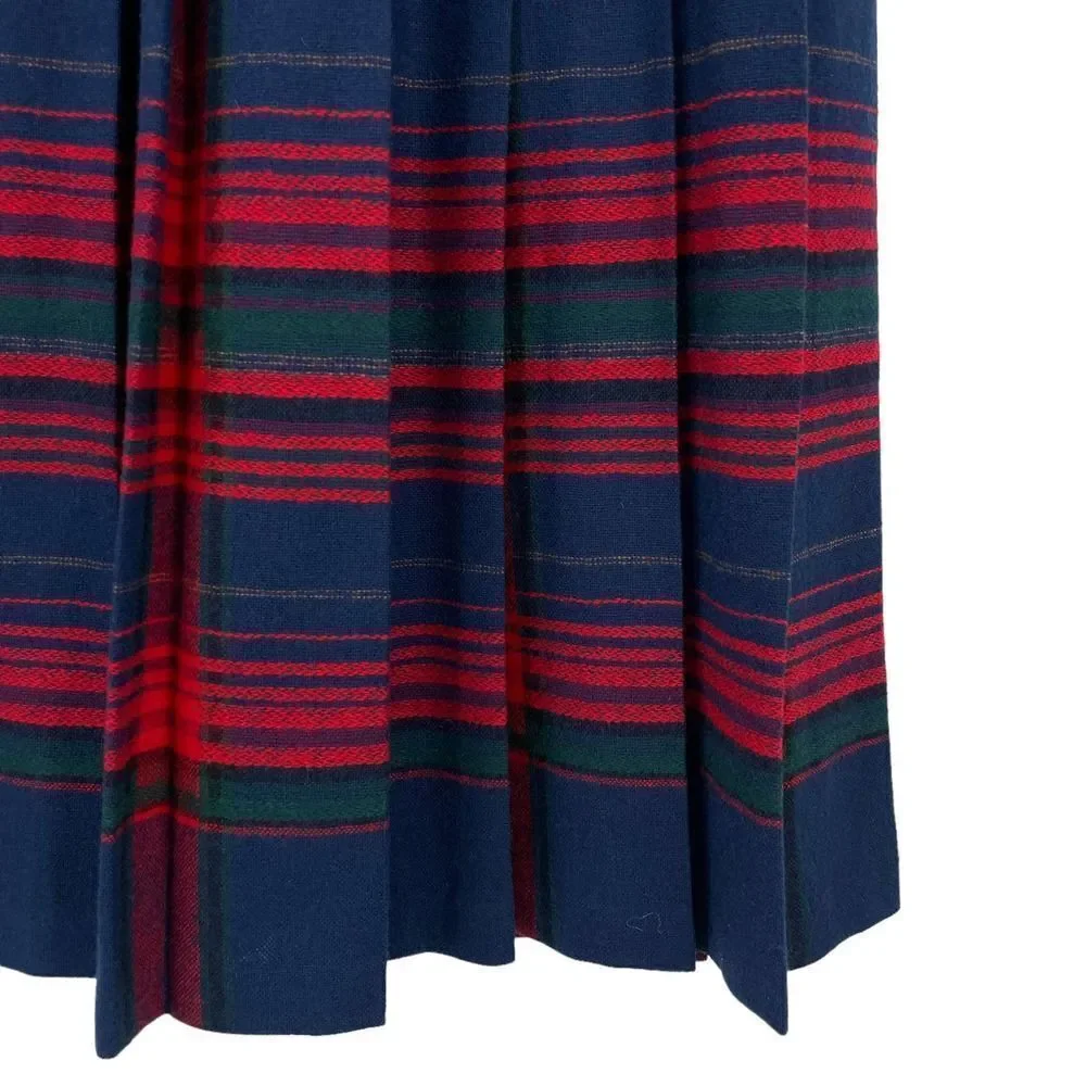 Vintage Pendleton Wool Skirt Pleated Accordion Midi Length Navy Red Plaid | 6 P